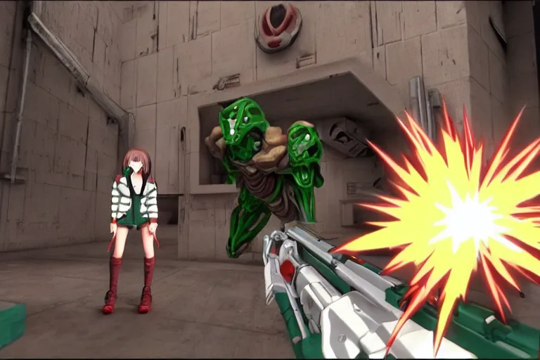 Image similar to an anime girl in a screenshot of the video game doom, the anime girl is crouching