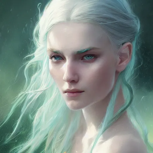 Image similar to portrait of a beautiful young woman with bright blue eyes, flowing white hair, dressed in a green, detailed face, fantasy, highly detailed, cinematic lighting, digital art painting by greg rutkowski, trending on artstation, very very beautiful, very attractive