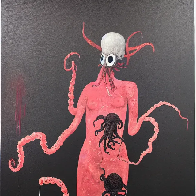 Prompt: empty room with black walls, a portrait of a female pathologist holding an octopus, intravenous drip, wilted flowers, pomegranate, berry juice dripping, neo - expressionism, surrealism, acrylic and spray paint and oilstick on canvas