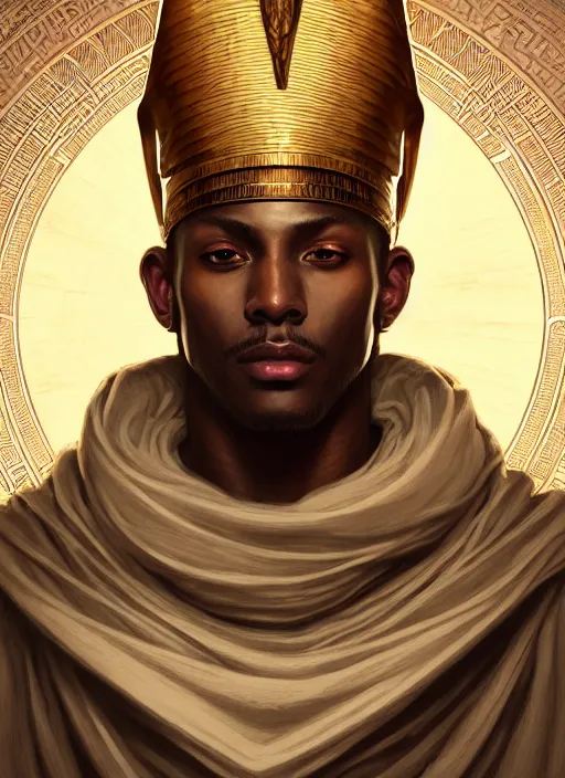 Image similar to close up portrait of noble khonsu under moonlight, egyptian symbolism, masculine, hooded african man wrapped in linen by artgerm, cushart krenz, greg rutkowski, mucha. art nouveau. gloomhaven, swirly lunar ripples, pale colors, sharp edges. ultra clear detailed. 8 k. elegant, intricate, octane render