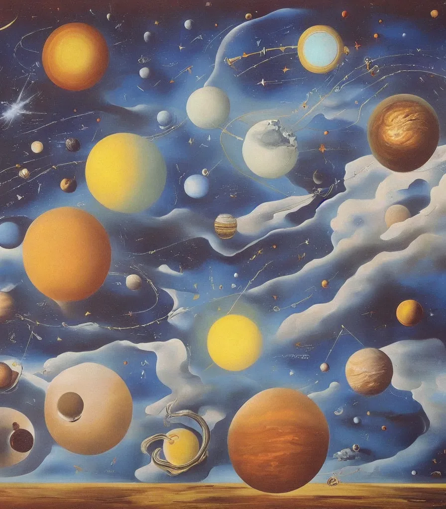 Image similar to a beautiful surrealistic painting of planets and stars in the universe by salvador dali, trending on artstation., oil painting