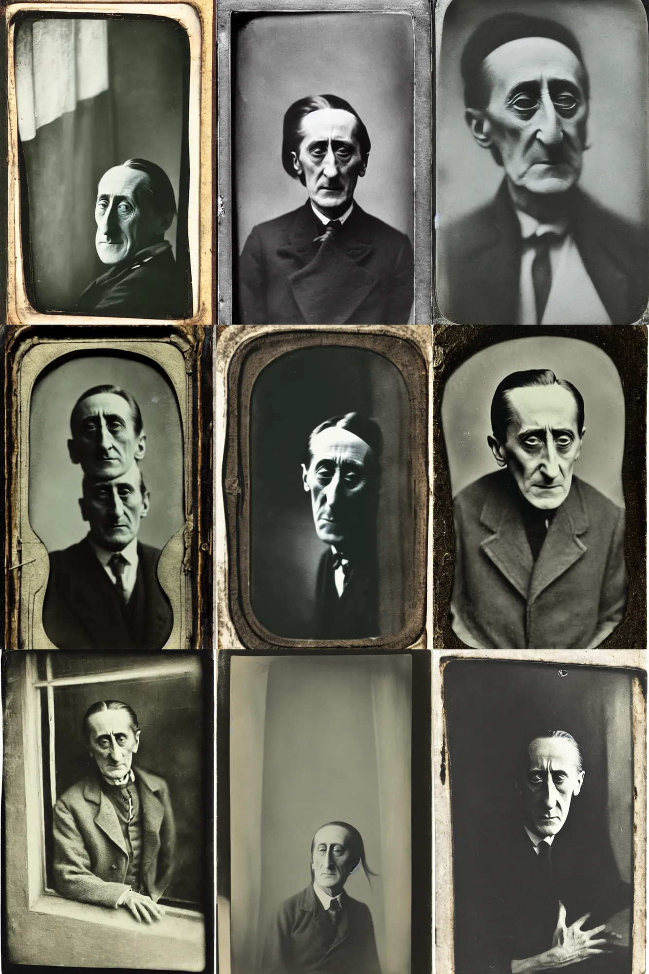 Prompt: tintype portrait of marcel duchamp sticking his head out a closed window