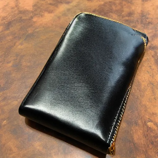 Prompt: black leather wallet with a gold zipper for a woman