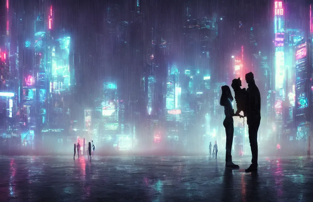 Image similar to men kissing in front of a foggy view of cyberpunk style future city, neon lights, a hyper realistic professional photographic view,very beautiful scenery, very realistic painting effect, hd, hdr, cinematic 4k wallpaper, 8k, ultra detailed, high resolution,