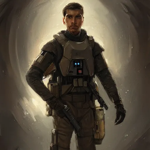 Image similar to portrait of a man by greg rutkowski, a soldier of the confederation of independent systems, wearing a beige and black tactical gear, star wars expanded universe, highly detailed portrait, digital painting, artstation, concept art, smooth, sharp foccus ilustration, artstation hq