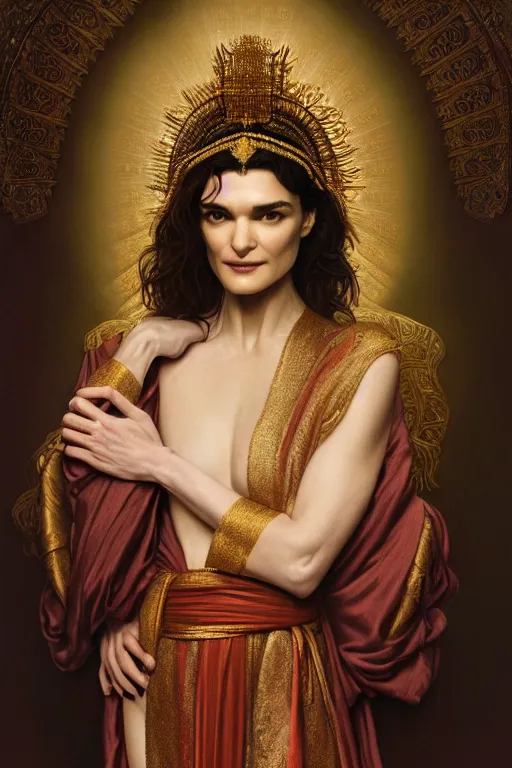 Image similar to body portrait of rachel weisz wearing a flowing silk robe, wearing an ornate ancient headress, by terry o'neill intricate, elegant, highly detailed, digital painting, artstation, concept art, smooth, sharp focus, bold lighting, deep colors, dark background, illustration, art by artgerm and greg rutkowski and alphonse mucha, 8 k,