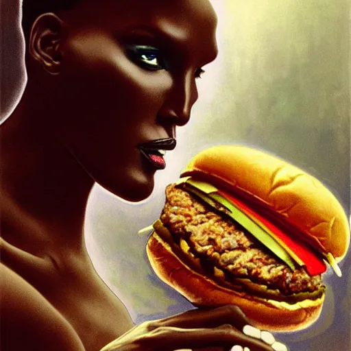 Prompt: painted portrait of ( grace jones ) biting giant hamburgers, mature, handsome, fantasy, intricate, elegant, highly detailed, digital painting, artstation, concept art, sharp focus, illustration, illumination, holy ethereal light, art by gaston bussiere and alphonse mucha