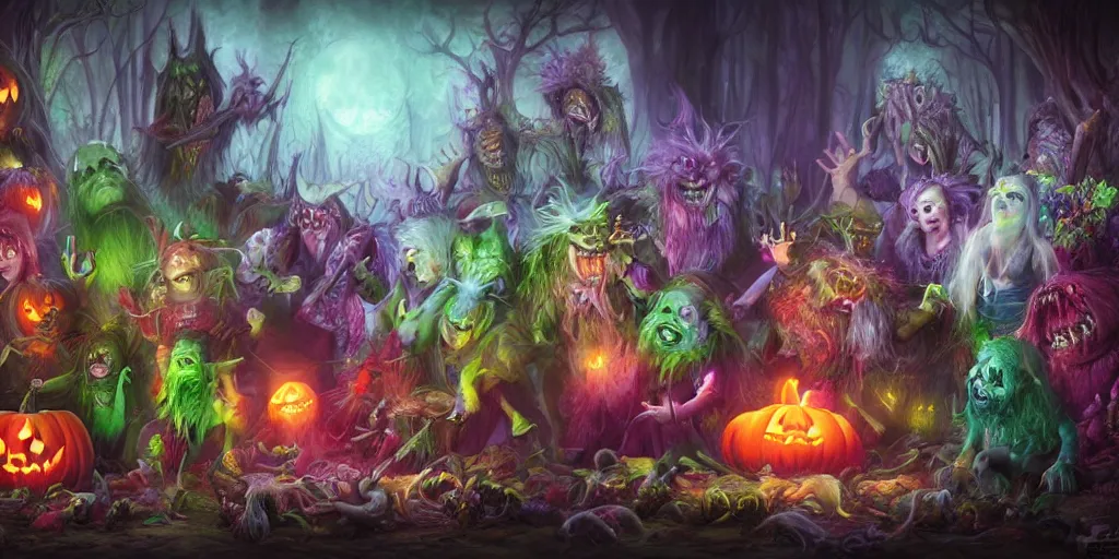 Image similar to the most awesome monster party at halloween by brian froud and artgerm, dripping, hyper-realistic, bright and colorful, octane render, 8k, extremely detailed, photorealistic, horror, cinematic