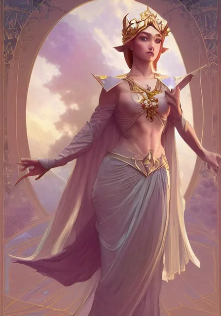 Prompt: zelda triforce princess, dance, intricate, elegant, highly detailed, digital painting, artstation, concept art, smooth, sharp focus, illustration, art by artgerm and greg rutkowski and alphonse mucha and william - adolphe bouguereau