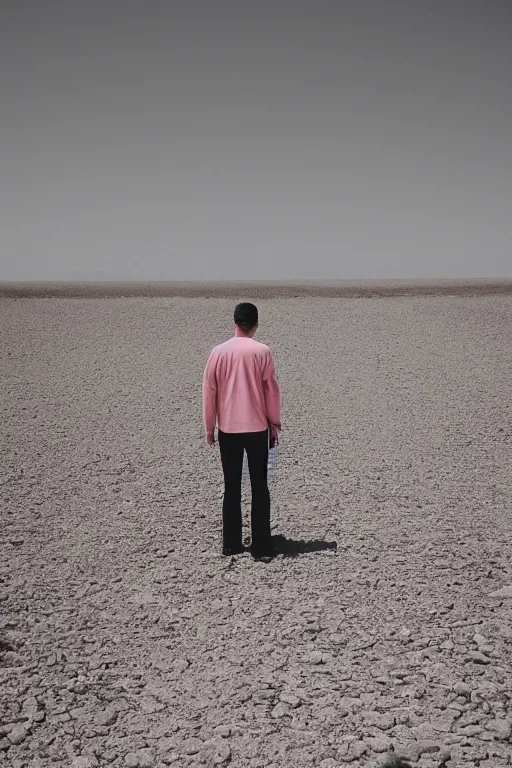 Prompt: kodak ultramax 4 0 0 photograph of a skinny guy standing in an barren desert, back view, pink shirt, grain, faded effect,