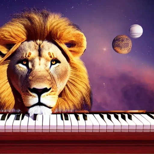 Image similar to a lion wearing a kings crown, playing a futuristic piano in space, ultra hd, 3d render