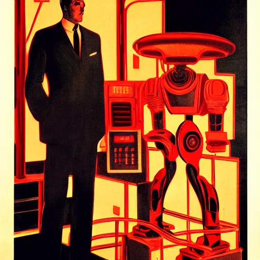 Image similar to man in futurist 6 0 ´ s lab, machines and futurist robots, red lights, leyendecker style, black suit