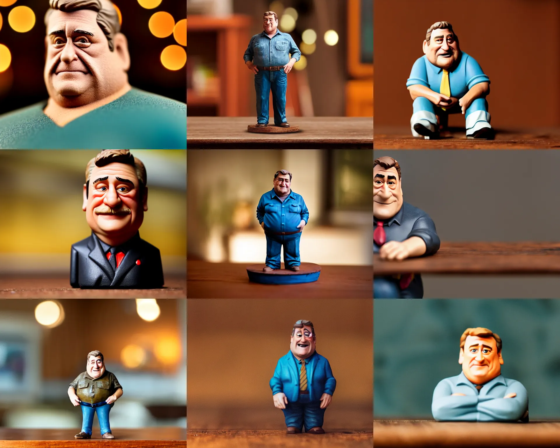 Prompt: john goodman figurine by pixar sad bokeh on wooden table.