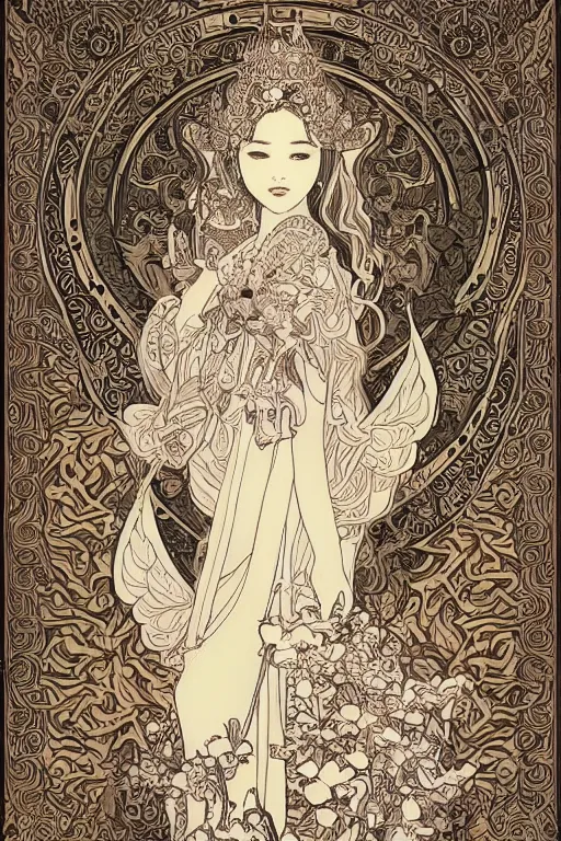 Prompt: A beautiful and detailed intricate ink illustration of beautiful of thai princess by kittichai rueangchaichan, angelic, floralpunk, Artstation, art nouveau aesthetic, in the style of Alphonse Mucha background, realistic, dramatic, heavenly atmosphere