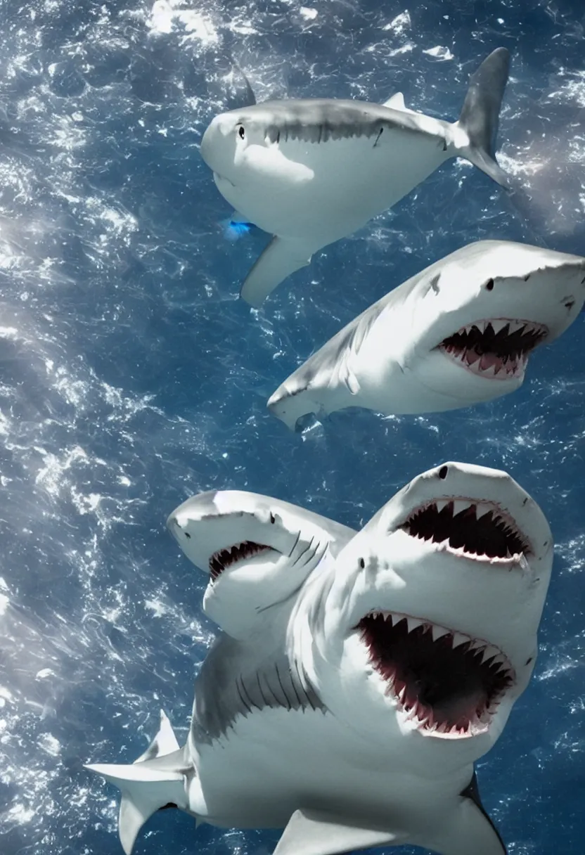 Image similar to a head of a shark inside an astronaut suit stunning space background