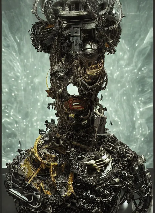 Prompt: portrait of futuristic king arthur knight medusa cyborg, surrounded by drones kintsugi, x - ray, steam and cyberpunk, modern fine art, fractal, intricate, elegant, highly detailed, digital photography, subsurface scattering, by jheronimus bosch and frank miller and greg rutkowski,