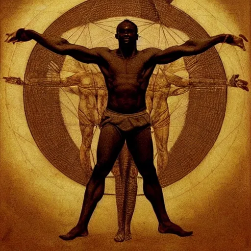 Image similar to Usain Bolt as the Vitruvian Man by leonardo da vinci, detailed, 8k, realistic, intricate blueprint in the style of Franz Xaver Winterhalter