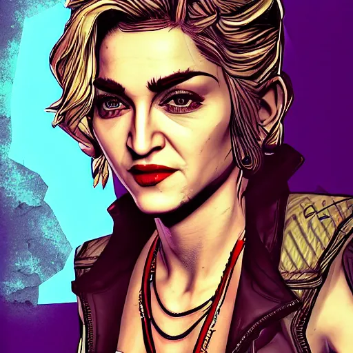 Image similar to madonna portrait, borderlands, tales from the borderlands, the wolf among us, comic, cinematic lighting, studio quality, 8 k