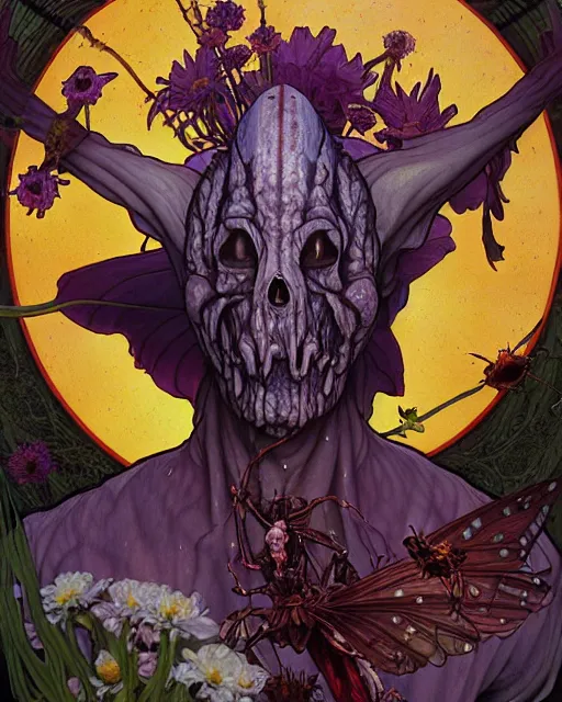 Image similar to the platonic ideal of flowers, rotting, insects and praying of cletus kasady carnage thanos davinci dementor wild hunt chtulu mandala ponyo heavy rain the witcher, d & d, fantasy, ego death, decay, dmt, psilocybin, concept art by randy vargas and greg rutkowski and ruan jia and alphonse mucha