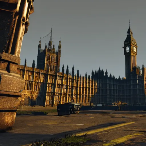 Image similar to Houses of Parliament, London in ruins post-nuclear war in Fallout 4, in game screenshot