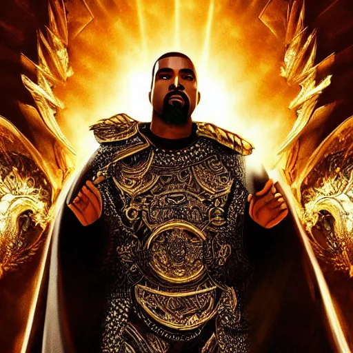 Image similar to Portrait of Kanye West as the god-emperor of mankind, amazing splashscreen artwork, splash art, natural light, elegant, intricate, fantasy, atmospheric lighting, cinematic, matte painting