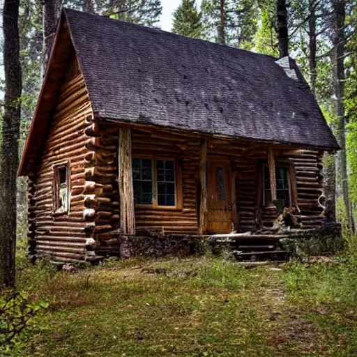 Image similar to an eerie cabin in the middle of the woods,