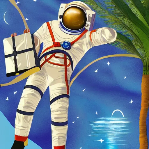 Image similar to an astronaut lounging in a tropical resort in space in a photorealistic style