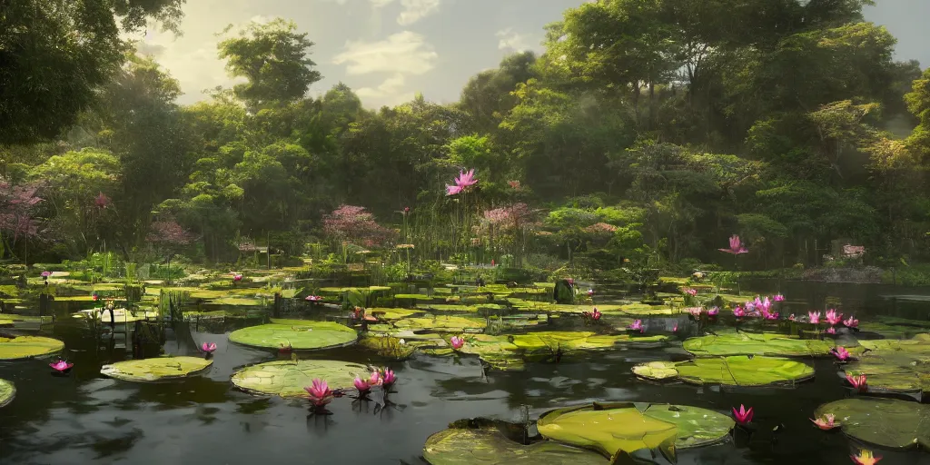 Image similar to dreamy pond full of lotus flowers, concept art, render by octane and blender, hyper realistic, cinematic lighting, unreal engin 5, by krenz cushart, 8 k, vray render, artstation, deviantart