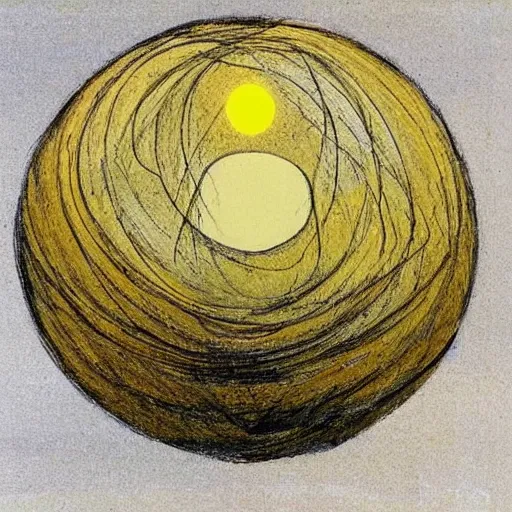 Image similar to almost abstract. it has both recognizable elements of nature and non - representational shapes. there's a nest - like object at the bottom, and two stick like objects. they extend up to a series of spherical shapes, one of them emitting a yellow light.