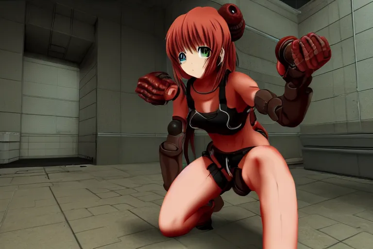 Image similar to an anime girl in a screenshot of the video game doom, the anime girl is crouching