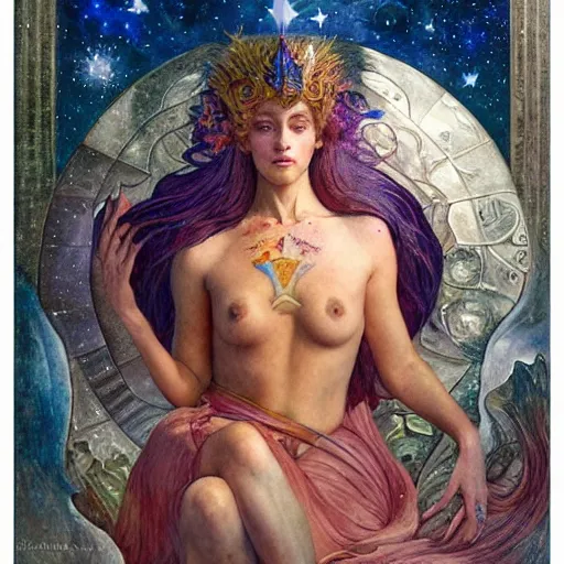 Image similar to queen of the moon with stars in her hair, by annie swynnerton and tino rodriguez and nicholas roerich and jean delville and donato giancola and diego rivera and tom bagshaw and evelyn demorgan, dramatic lighting, god rays, geometric tattoos, rich colors, smooth sharp focus, extremely detailed, adolf wolfli