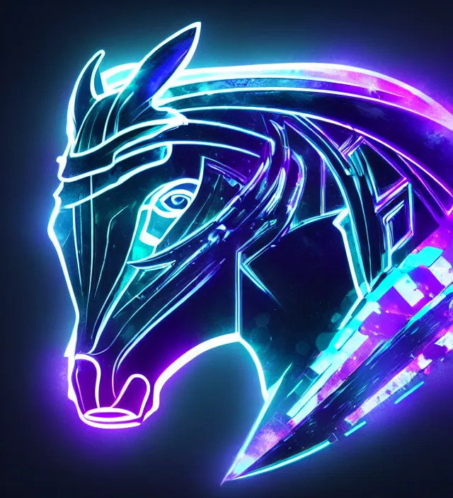 Image similar to studio beautiful cyberpunk esports horse logo for a horse!!!!!! studio level special effects and particles, intricate!!!!! professional, global illumination, clean, minimalistic, hyperdetailed, epic