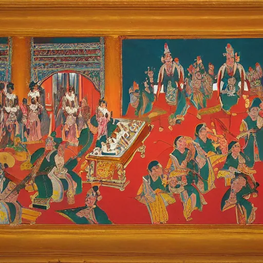 Prompt: the oil painting of Apsaras Orchestra of Dunhuang by Zeng Hao