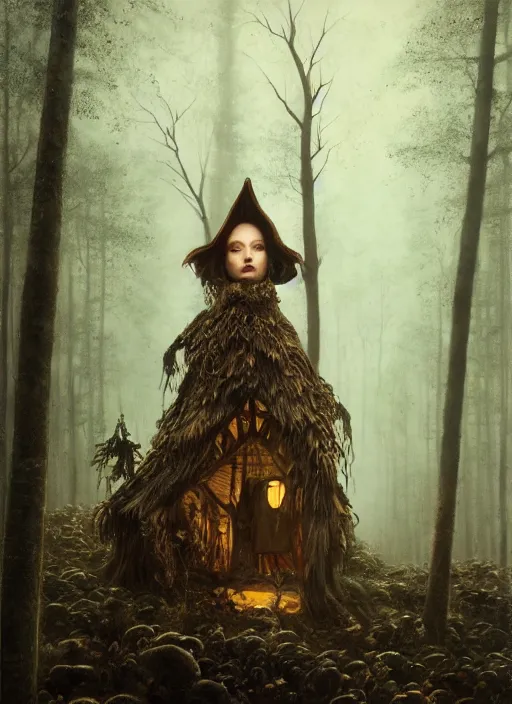 Prompt: highly detailed oil painting | very intricate | cinematic lighting | award - winning | the lonely witch hut in the forest fashion by alexander mcqueen | by roberto ferri, by tom bagshaw, by j. c. leyendecker and klimt, american romanticism, by austin osman spare, artstation, cgsociety, official art, octane