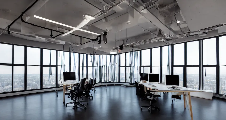 Image similar to interior of a bright streamer studio with the latest equipment and tech with big windows overlooking the megapolis, trendy aesthetic interior decoration, modern designer, high detail, 8 k, photography focal length 2 0 mm f 3. 5