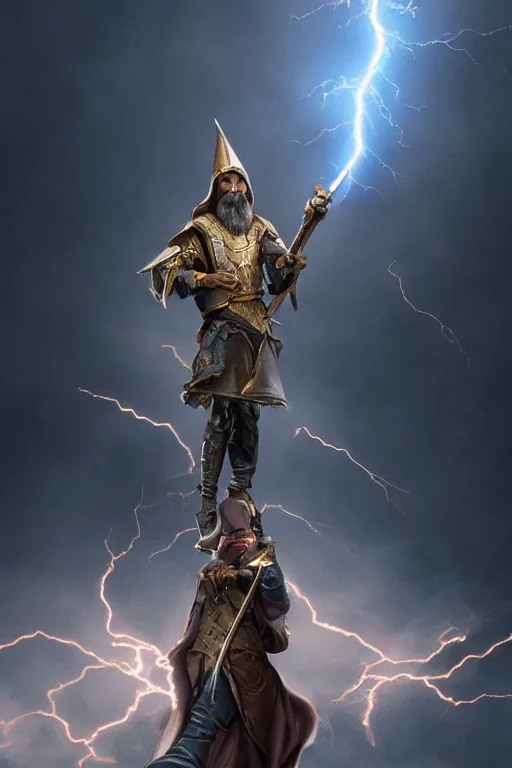 Image similar to wizard holding a sword that’s pointed towards the sky, getting shocked by lightning, octane, trending on artstation, hyper realistic, highly detailed