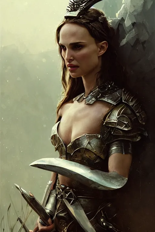 Image similar to natalie portman, legendary warrior, heroic, lord of the rings, tattoos, decorative ornaments, battle armor, by carl spitzweg, ismail inceoglu, vdragan bibin, hans thoma, greg rutkowski, alexandros pyromallis, perfect face, fine details, realistic shading photorealism