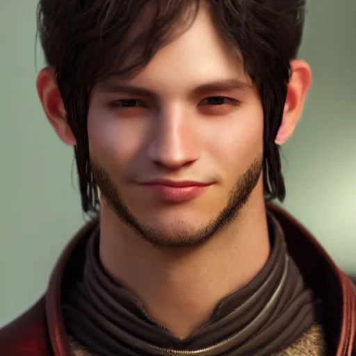 Image similar to a digital art close up portrait of young barnes courtney bard from fantasy world, handsome young man bard with lute character sheet, 4 k, ultra detail, volumetric lighting, unreal engine, octane render