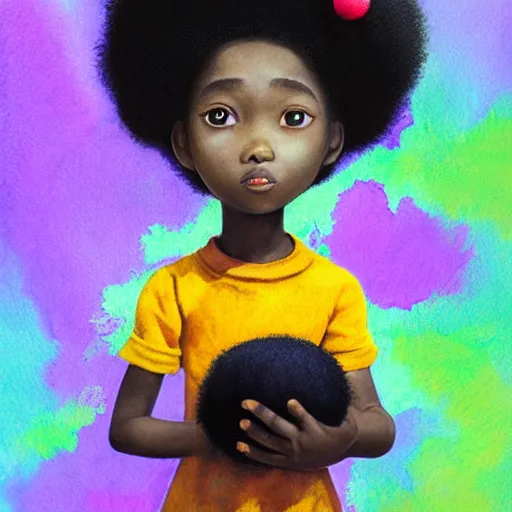 Image similar to a black princess girl with a colorful afro and big beautiful eyes playing with her furry pet, bright colours, watercolor, volumetric wool felting, macro photography, children illustration, by goro fujita