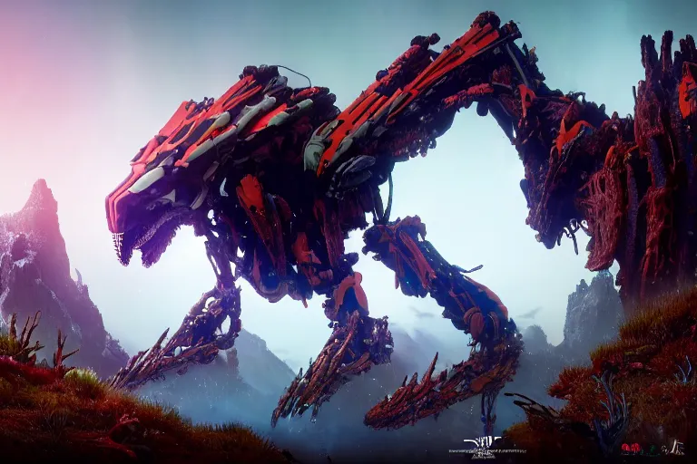 Image similar to wide epic shot. a hyper detailed fanghorn evangelion realistic mechanical and organic creature similar look as horizon forbidden west horizon zero dawn, bioluminiscence in a dark deep forest at dawn in spring, with reflection and textures, by kilian eng, substance painter reaslitic mech surface metal painted scratches, world env from horizon forbidden west horizon zero dawn