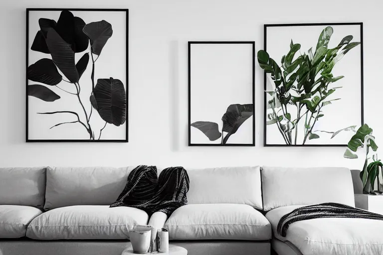 Prompt: minimalist contemporary modern design living room, cozy, calm, plants, big canvas art, hardwoord floor, white walls, highly detailed wide angle photograph