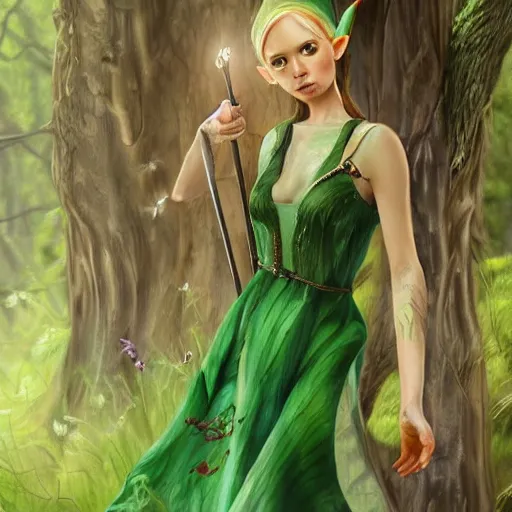 Image similar to a realistic portrait of a realistic female elf with a long withe and light green dress holding a scepter walking in the woods , perfect and hyperrealistic face, wild face , detailed trees by WLOP