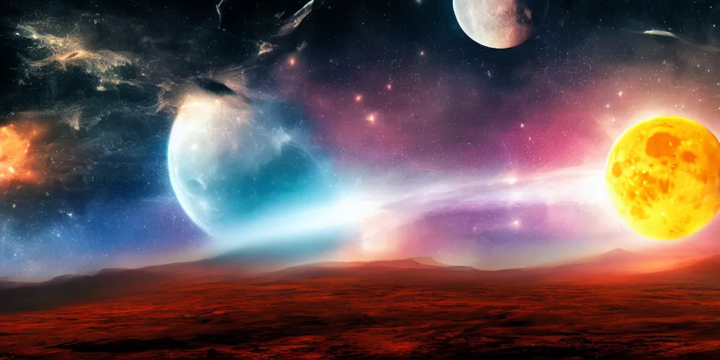 Image similar to moon setting, space, galaxy, milkyway, nebula, Mars, planets, neon, cinematic, realistic, glow, beautiful,