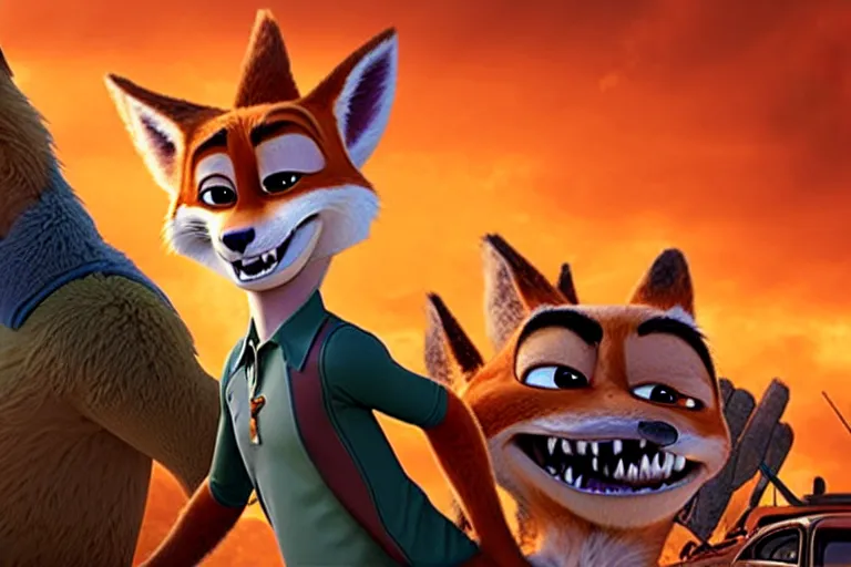 Image similar to nick wilde ( from zootopia ), heavily armed and armored facing down armageddon in a dark and gritty reboot from the makers of mad max : fury road