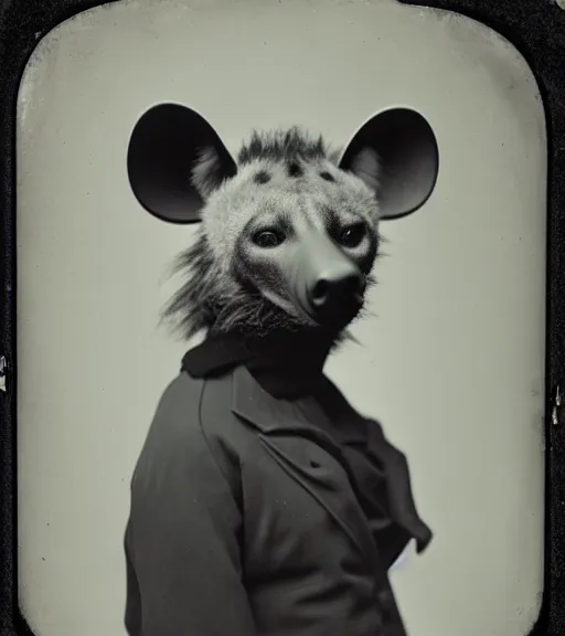 Image similar to professional studio photo portrait of anthro anthropomorphic spotted hyena head animal person fursona wearing clothes by Louis Daguerre daguerreotype