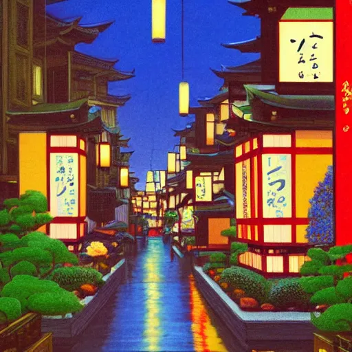 Prompt: a vibrant dream of looking out from a balcony at a japanese painted lantern shop on a fancy street in tokyo japan during the night, lush plants, magic details, paper lanterns on the street, cozy lighting, by moebius, edward hopper, james gilleard, and james jean, hd, 8 k, trending on artstation, uhd,