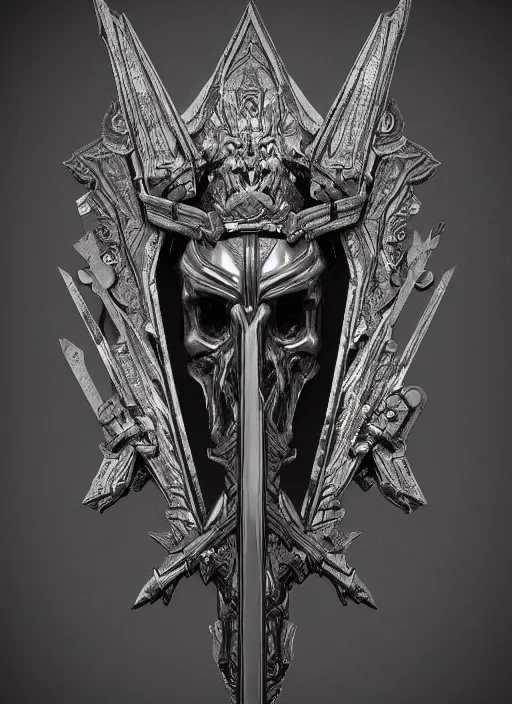 Image similar to a black great sword skull crest, orthographic, ornament, weapon, a 3 d render by dom qwek, front side full, trending on polycount, artstation, hard surface modeling, rendered in maya, zbrush, blender, hd, vray, berserk, symmetry