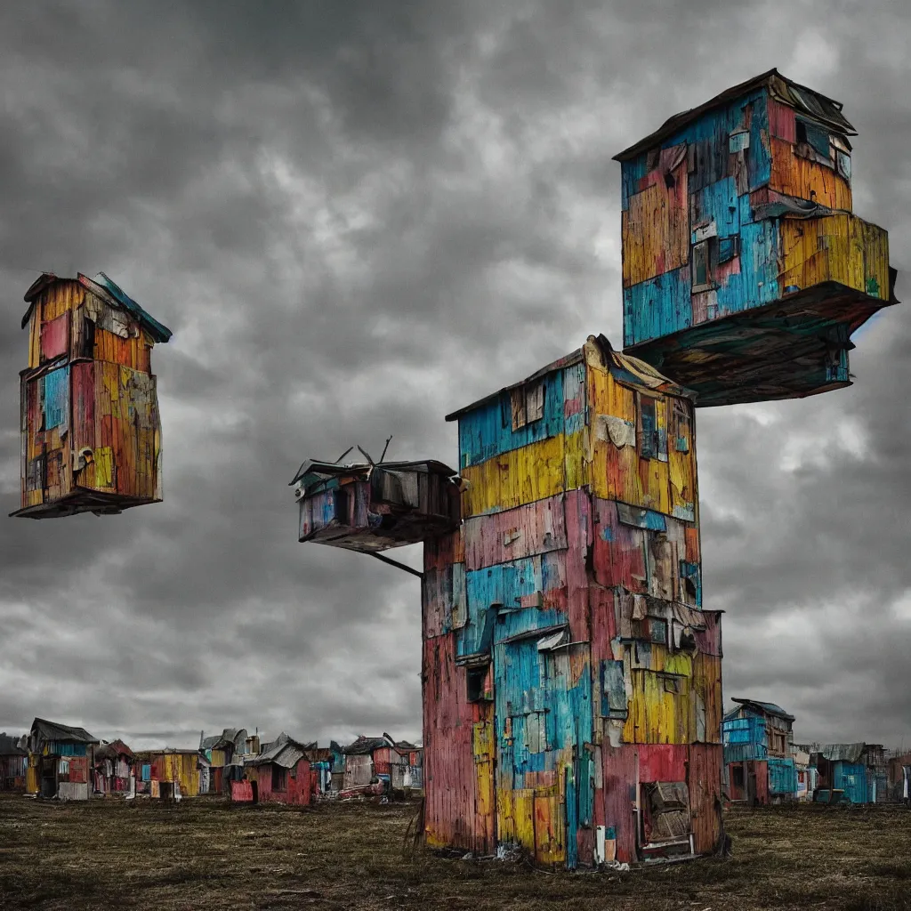 Image similar to close - up view of a tower made up of colourful makeshift squatter shacks, bleached colours, moody cloudy sky, dystopia, mamiya, very detailed, photographed by cristina de middel