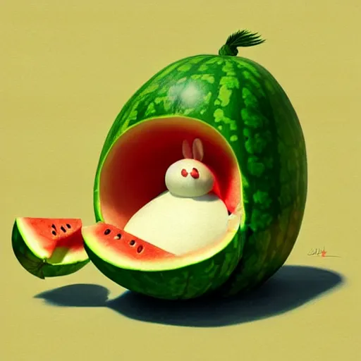 Image similar to Goro Fujita illustrating a rabbit eating a giant watermelon, art by Goro Fujita, sharp focus, highly detailed, ArtStation