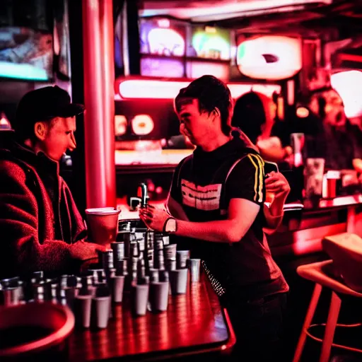 Prompt: photograph of retro techwear people with solo cups loitering near the bar of a packed busy rundown nightclub, retrofuturism, brutalism, cyberpunk, sigma 85mm f/1.4, 35mm, 4k, depth of field, high resolution, 4k, 8k, hd, highly detailed, full color